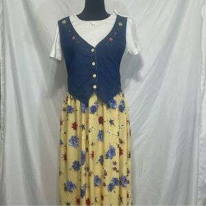 True Blue Vintage Cottagecore embroidered dress with vest. Size Medium. Stained.